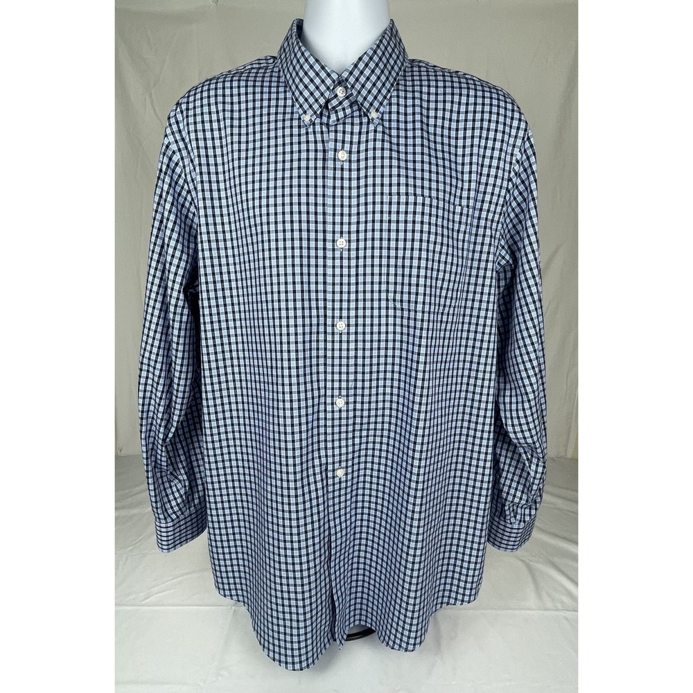 LANDS END SUPIMA NO IRON PINPOINT SHIRT MENS 17.5 35 BLUE CHECK BUTTON DOWN